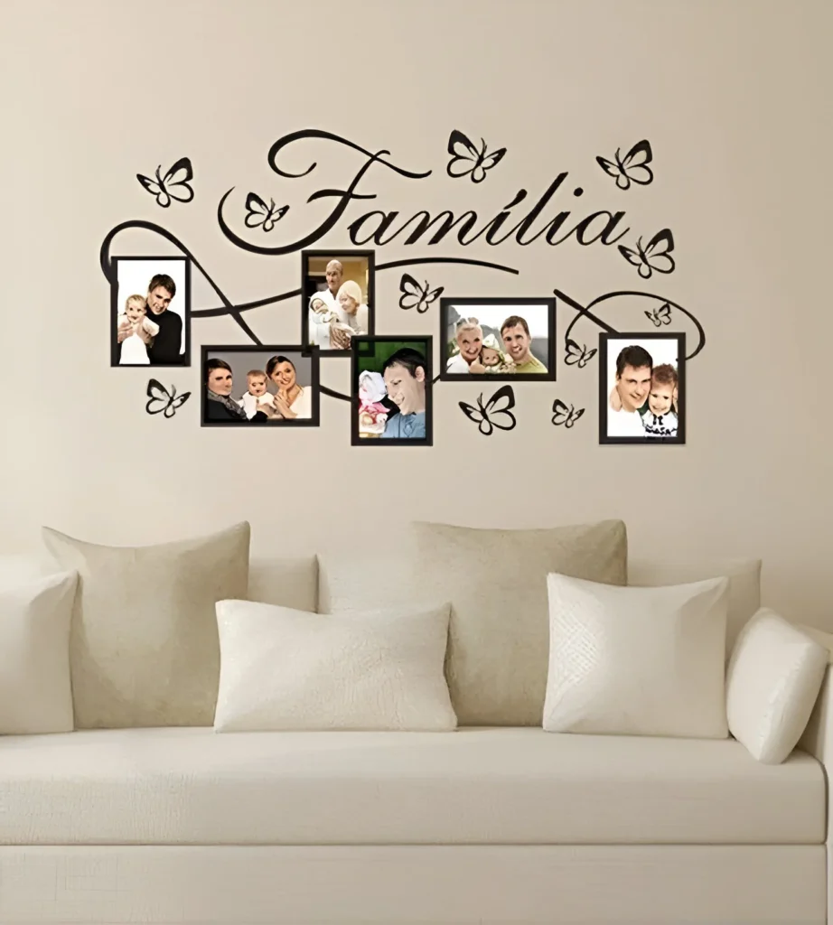 Family-themed gallery wall with a decorative decal, ideal for small living rooms.