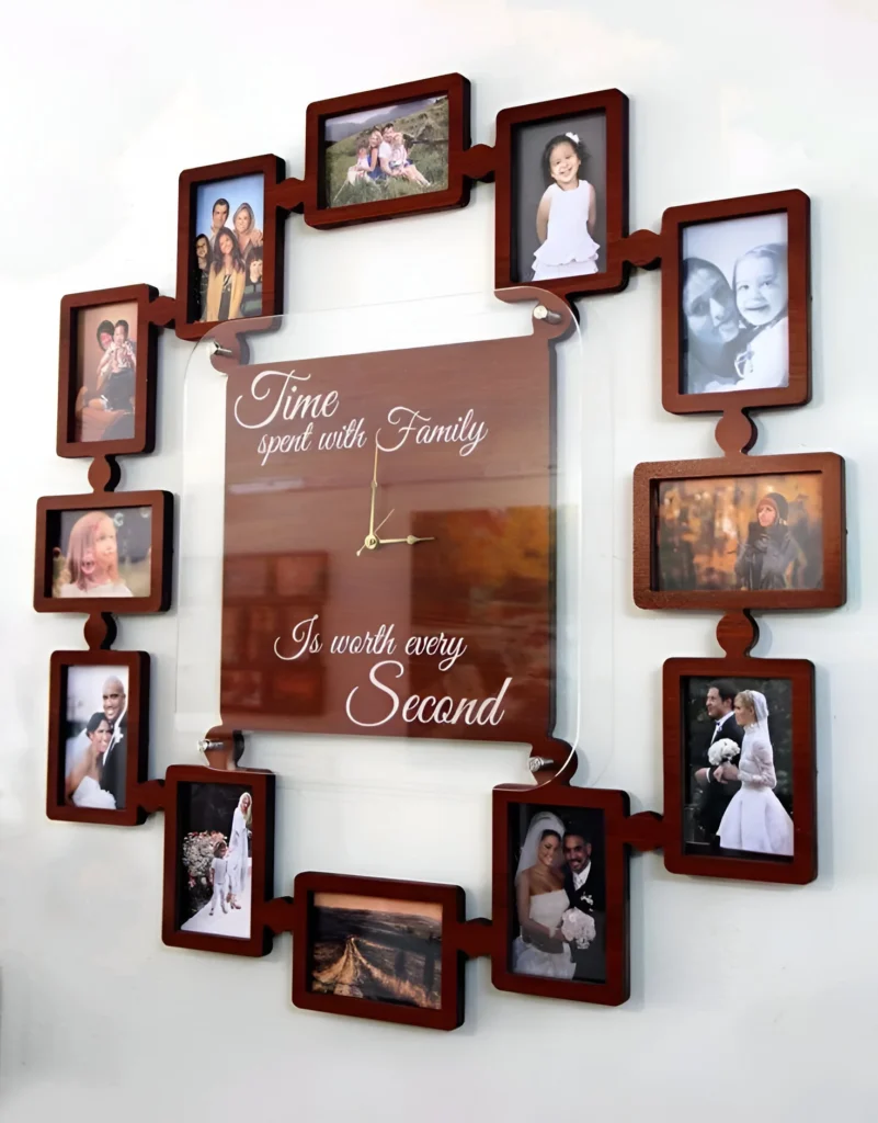 Gallery wall with a clock and family photos, perfect for small space decor.