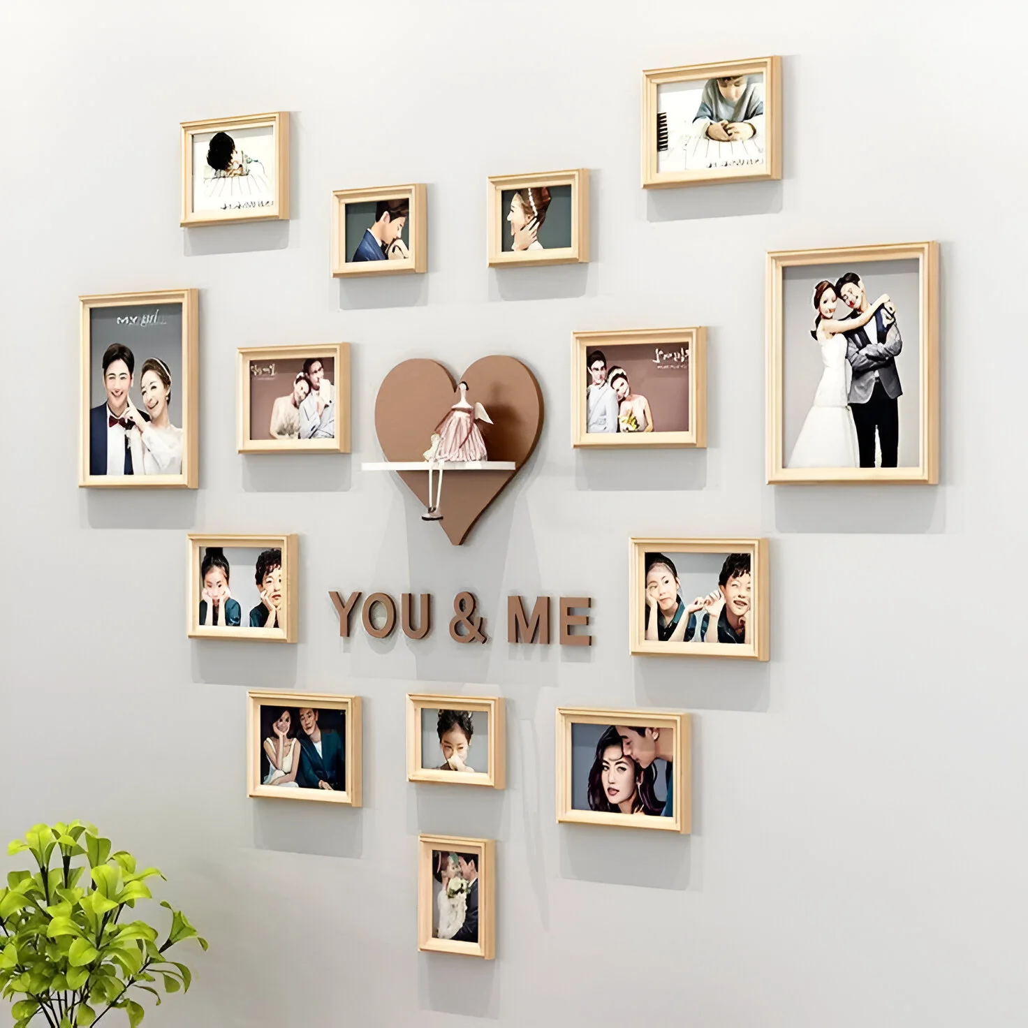 Romantic gallery wall with central heart motif, perfect for small spaces.