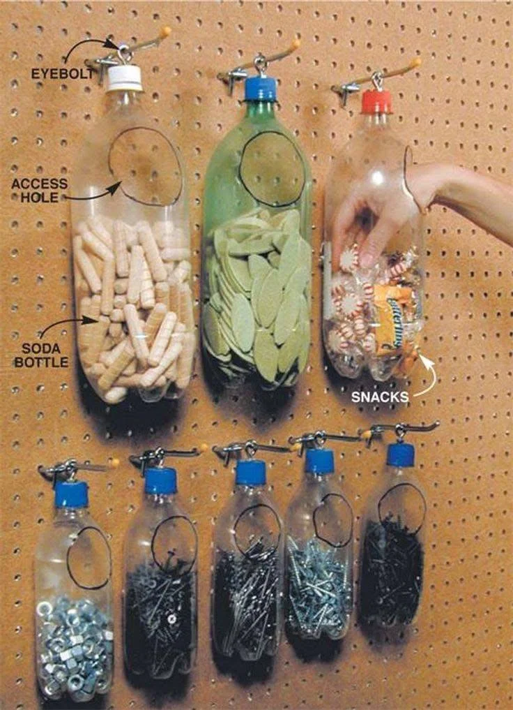 DIY home organization using repurposed soda bottles for affordable storage.