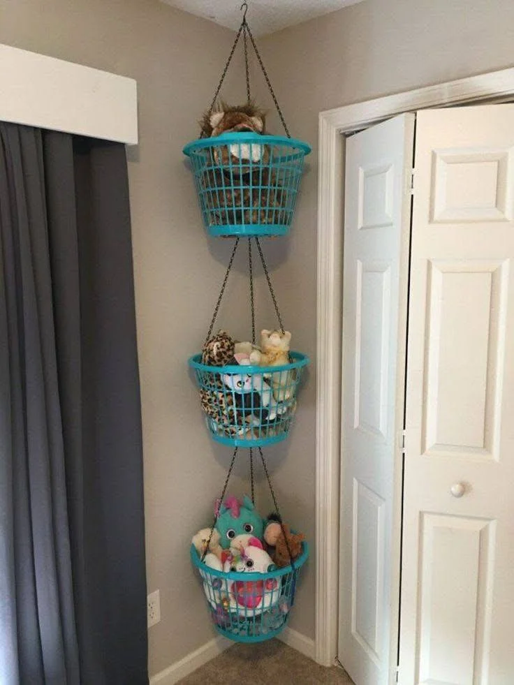 DIY hanging basket storage for toys and stuffed animals.