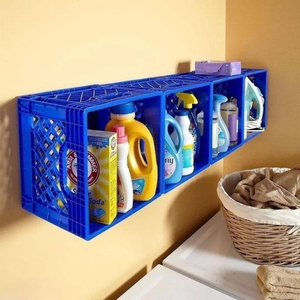 Affordable wall storage using milk crates for DIY home organization.