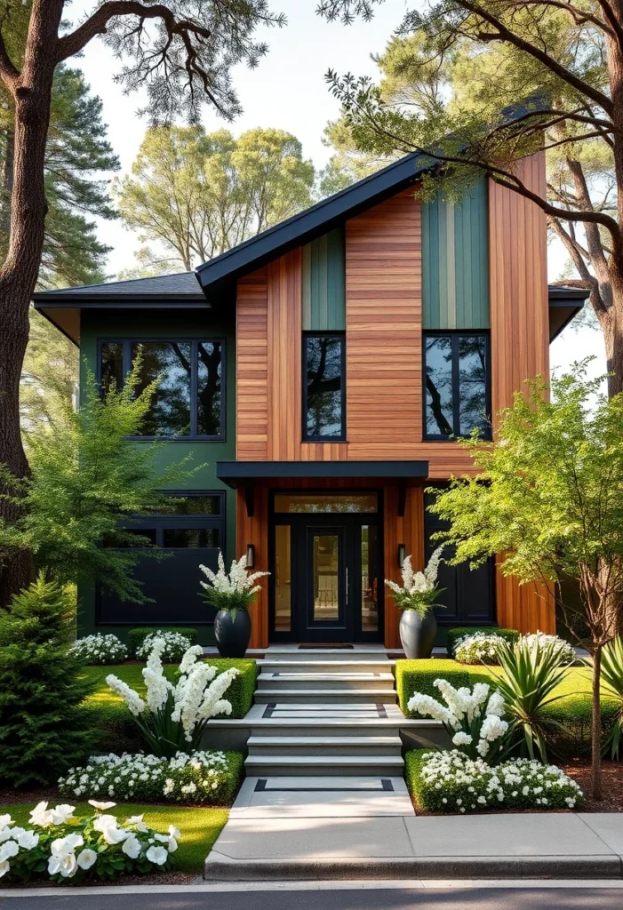 Modern luxury dream home exterior with vertical wood siding and green accents.