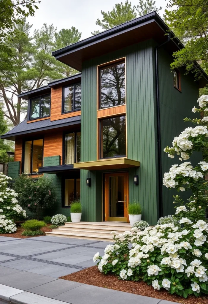 Luxury dream home exterior with green farmhouse style and wood accents.