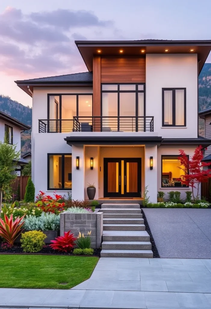 Contemporary luxury dream home exterior with wood accents and landscaping.