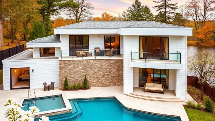 Luxury dream home exterior with balconies, pool, and waterside views.