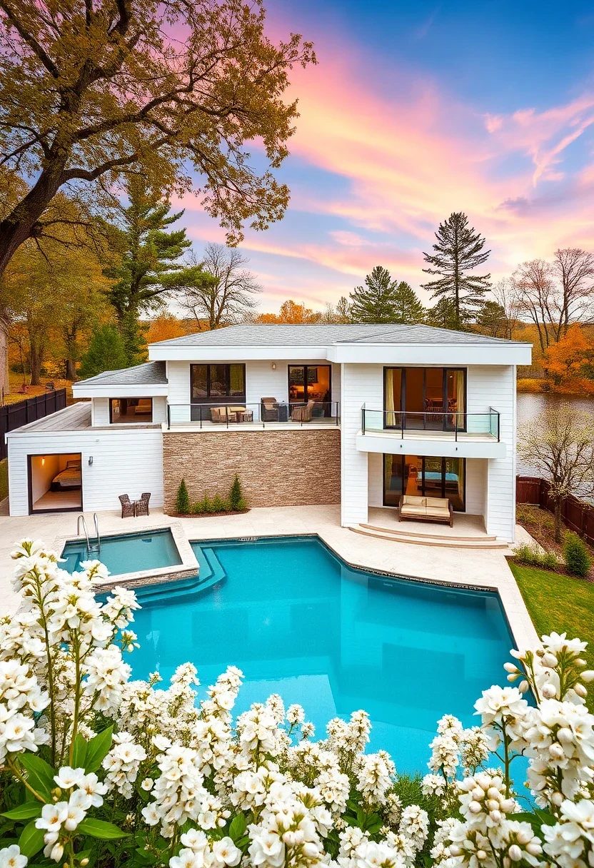 Luxury dream home exterior with balconies, pool, and waterside views.