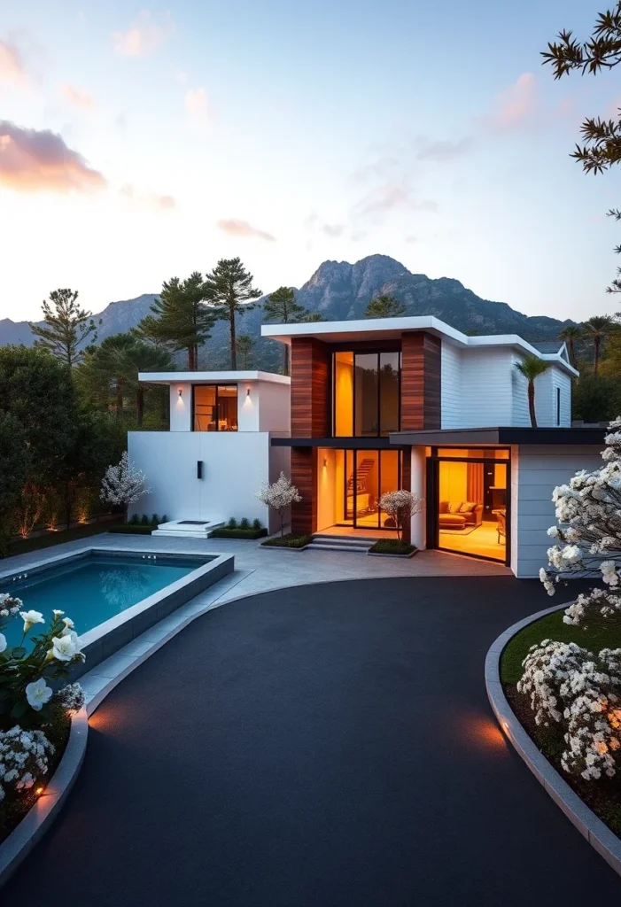 Modern luxury dream home exterior with wood accents and mountain view.