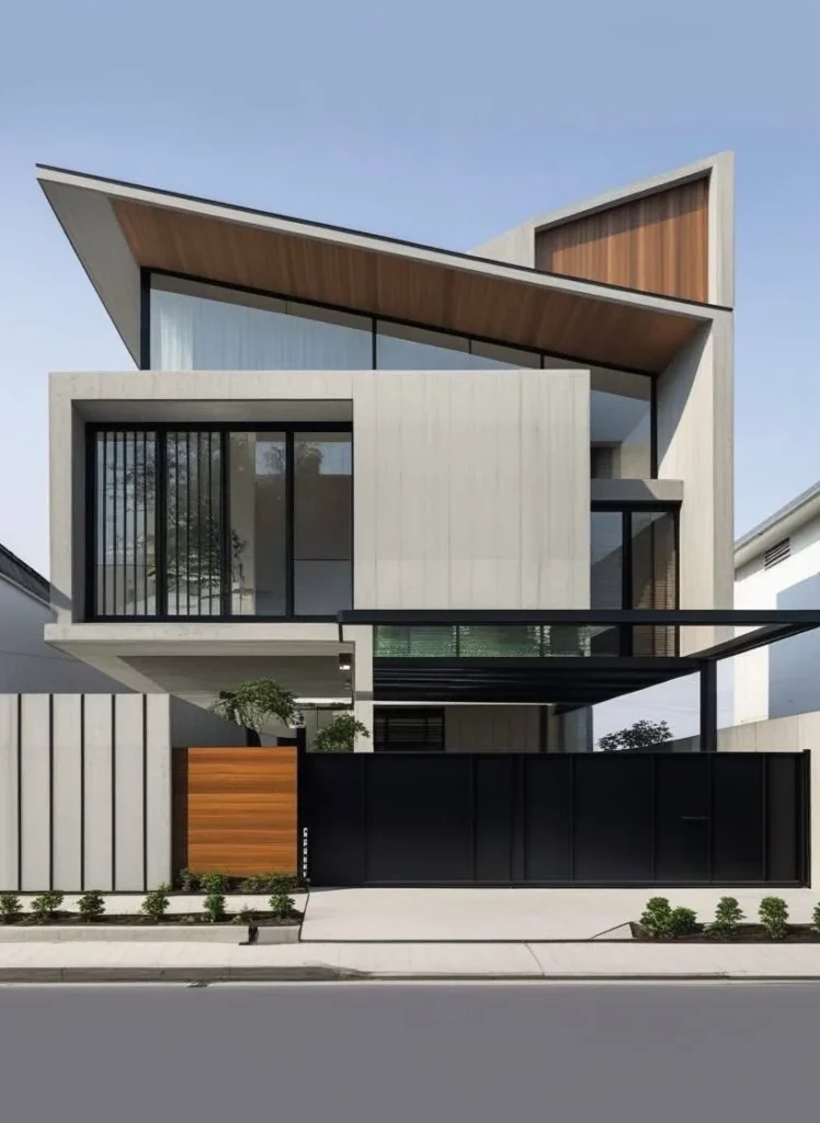 Modern luxury dream home exterior with concrete, wood, and metal.