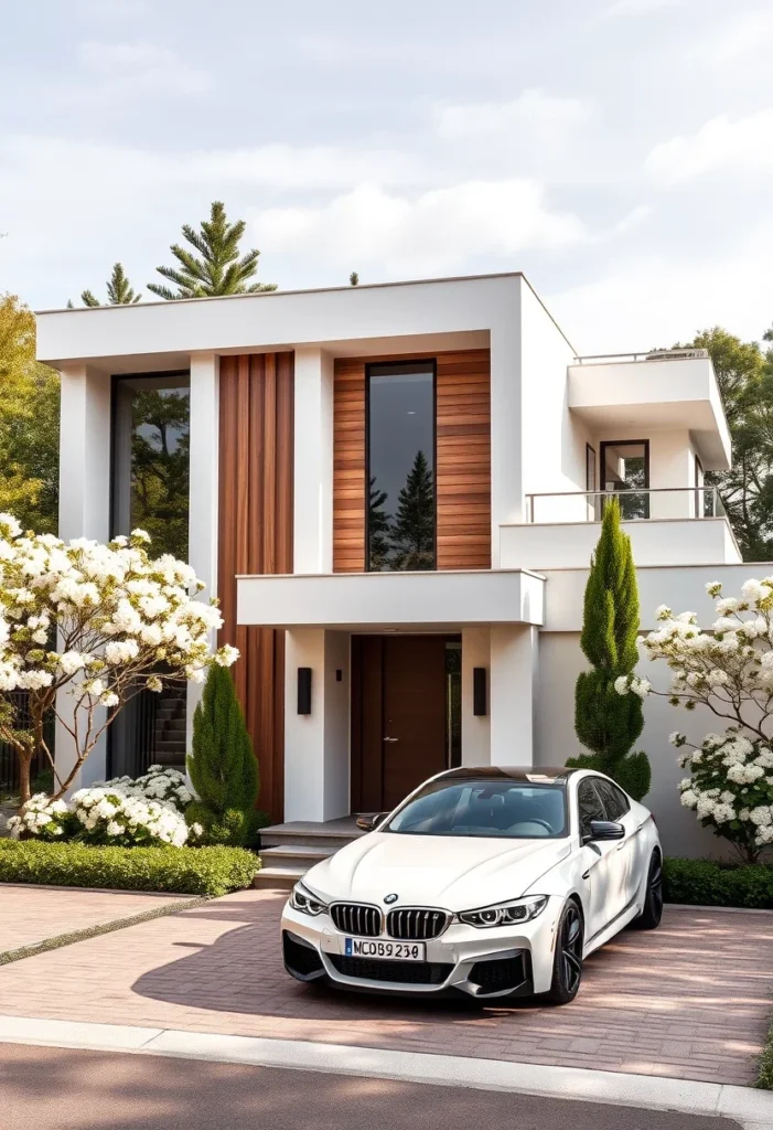 Luxury dream home exterior with vertical wood accents and white facade.