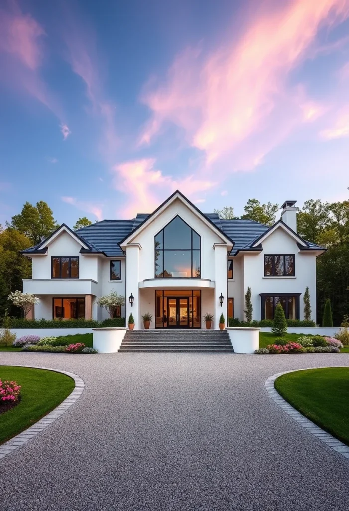 Luxury dream home exterior with grand entrance and circular driveway.