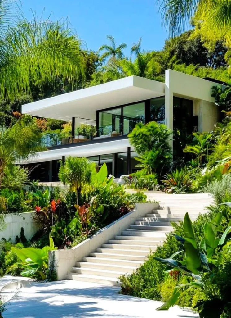 Luxury dream home exterior blended with tropical landscaping.