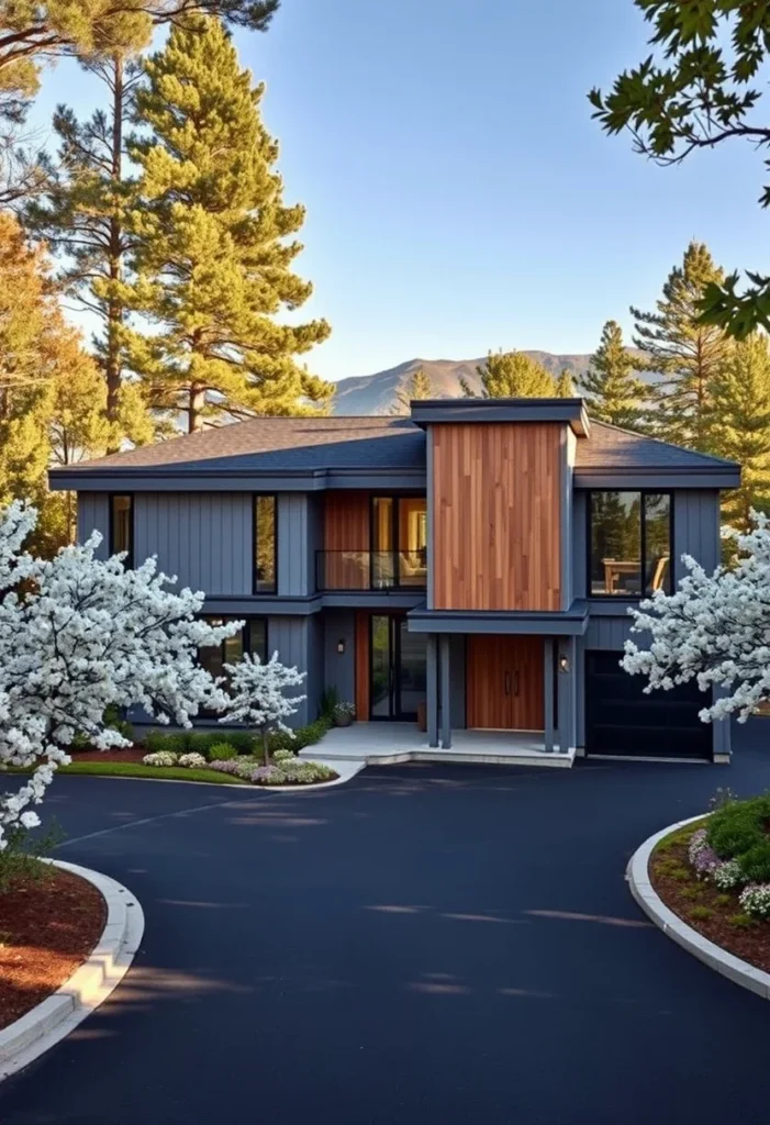 Modern luxury dream home exterior with wood siding and mountain views.