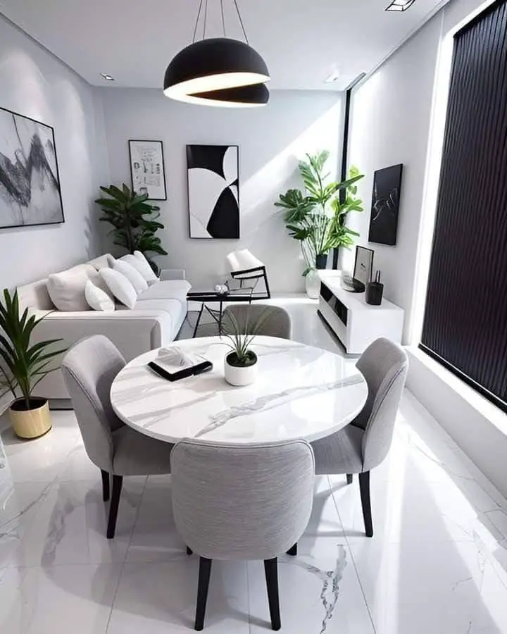 Modern dining room with round marble table and grey chairs.