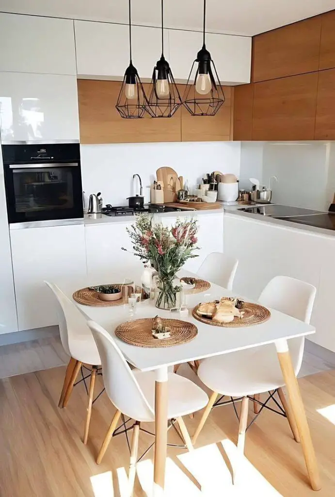 Modern dining area integrated with kitchen, featuring iconic chairs.