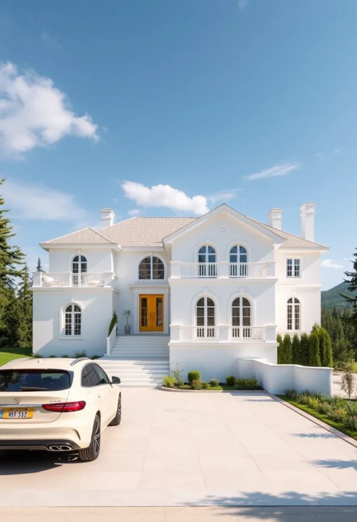 Dream house exterior with symmetrical white design and yellow door.