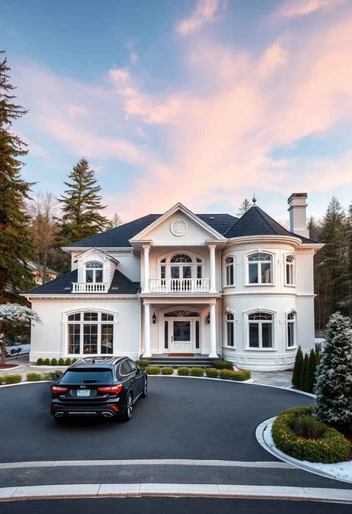 Dream house exterior with curved balconies and circular driveway.