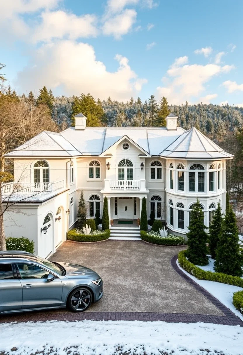 Dream house exterior in winter with snow-covered roof.