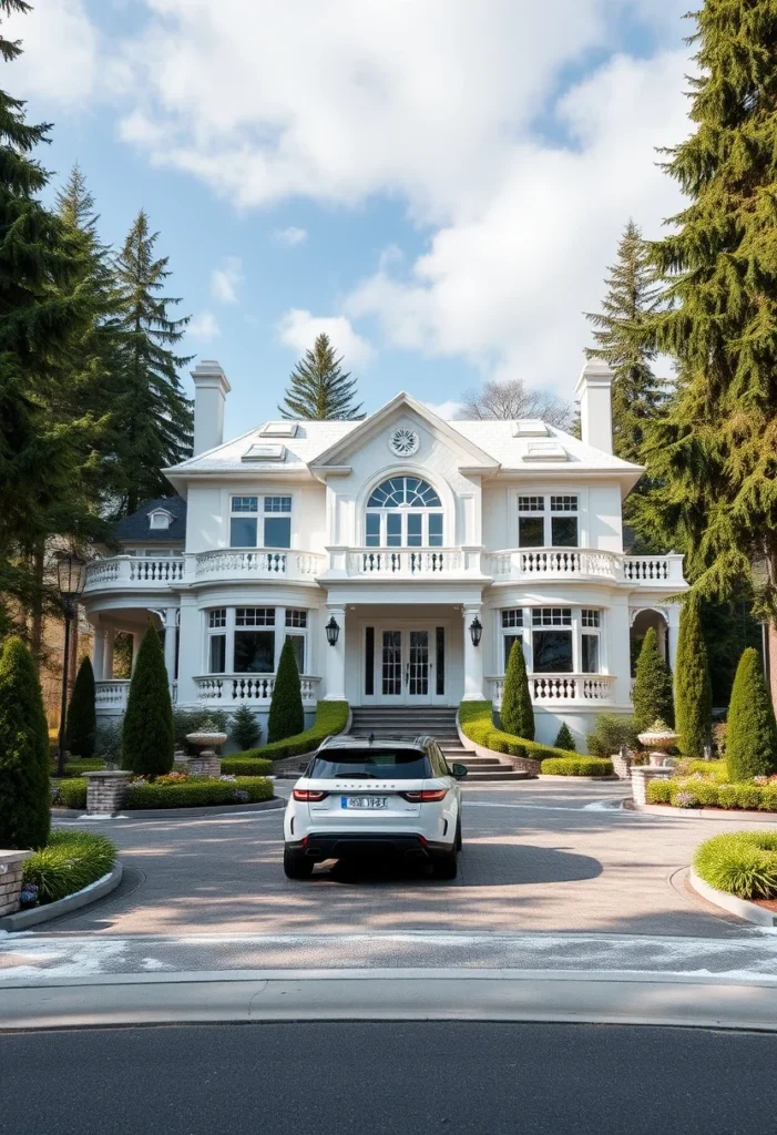 Dream house exterior with a tree-lined driveway and elegant facade.