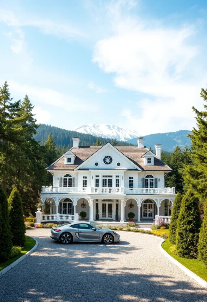 Dream house exterior with a large porch and mountain views.