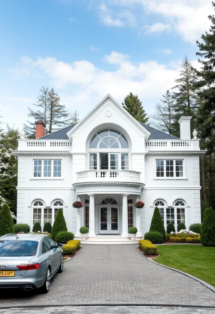 Dream house exterior with a large arched window and symmetrical design.