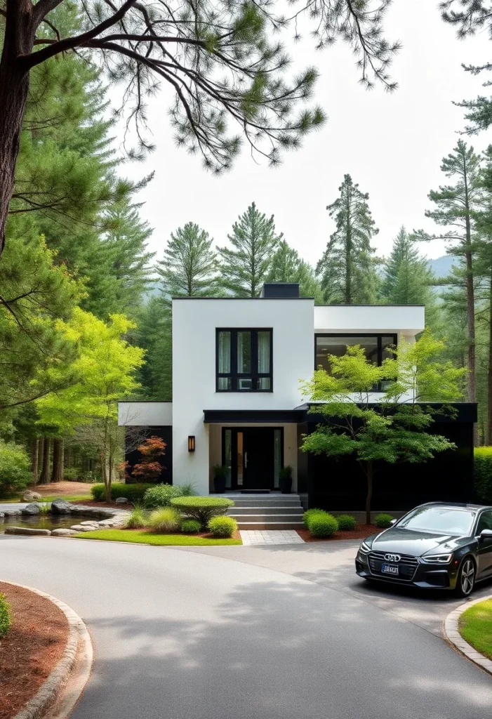 Modern dream house exterior with a boxy design and natural surroundings.