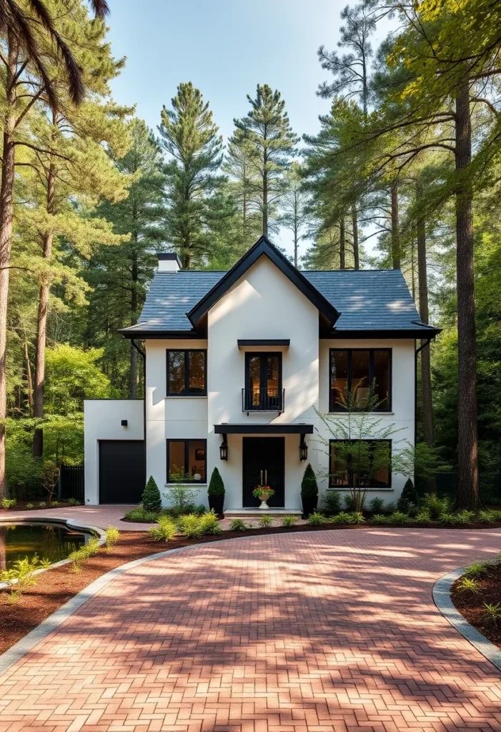 Dream house exterior with a brick driveway and contrasting black trim.