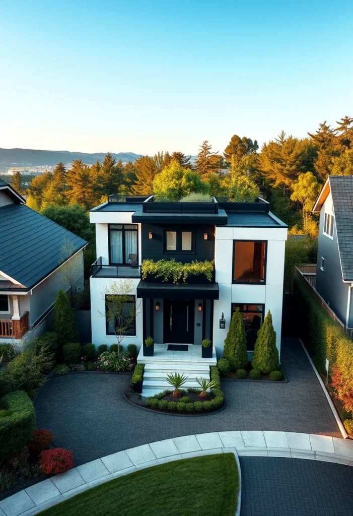 Modern dream house exterior with geometric design and integrated greenery.