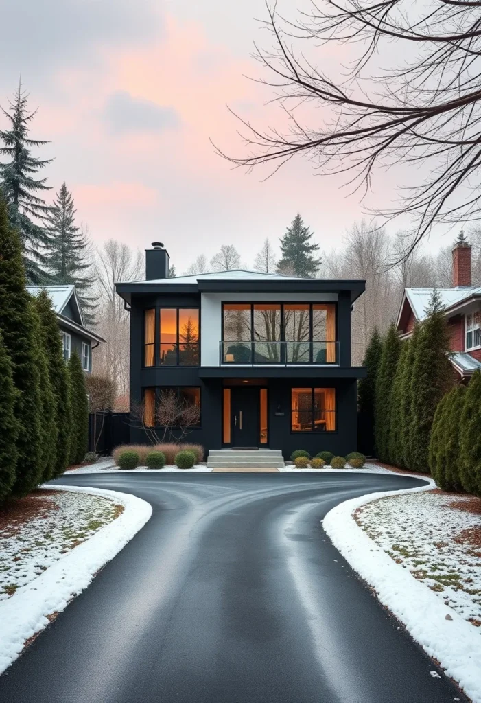 Modern dream house exterior with contrasting dark facade and warm interior lighting.