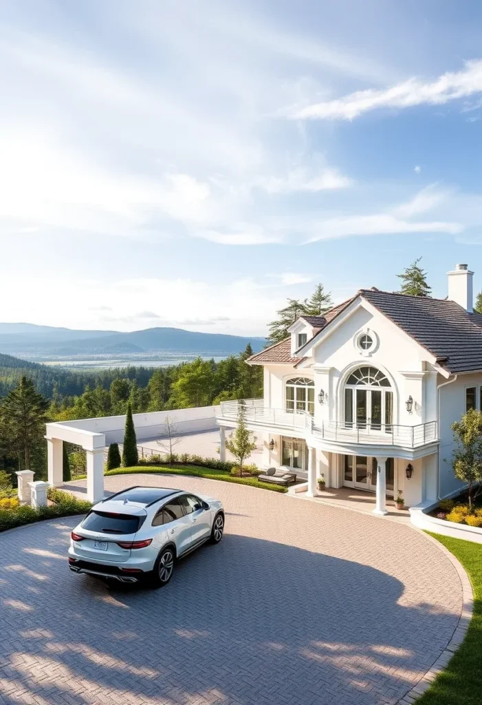 Dream house exterior with balcony, circular driveway, and expansive view.