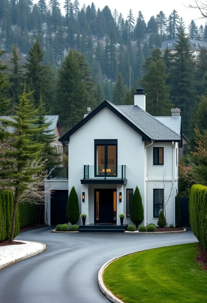 Dream house exterior with black-framed windows and a curved driveway.