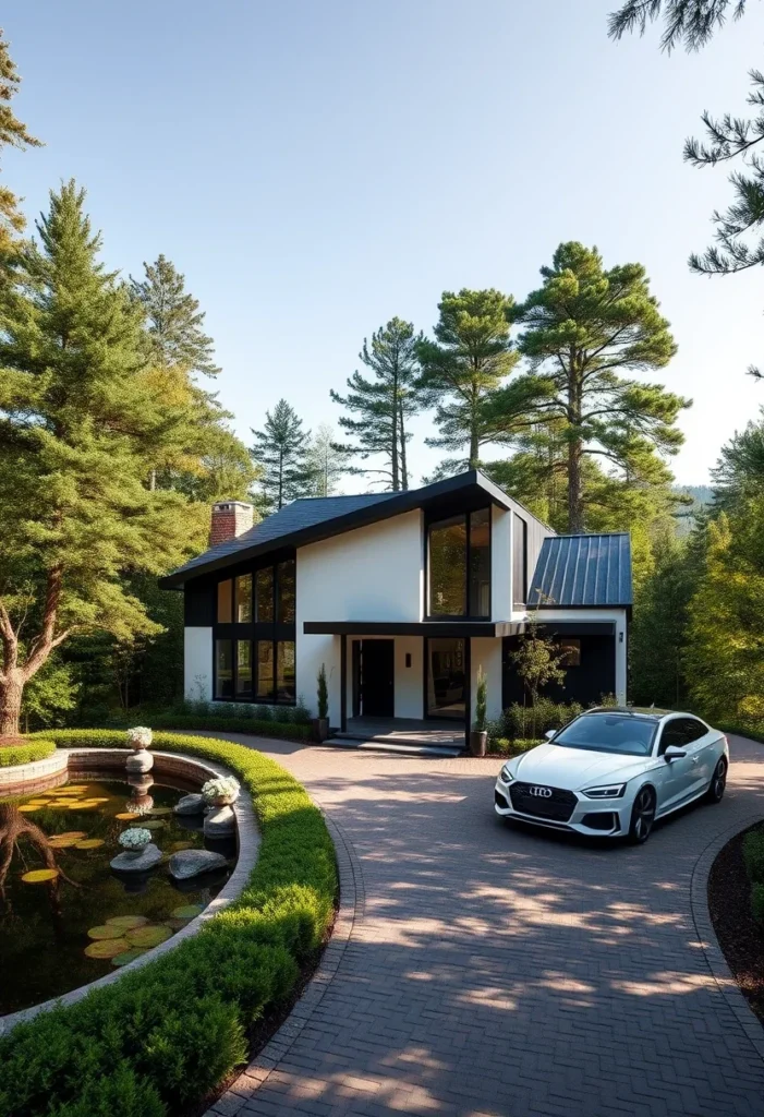 Dream house exterior with unique angles, large windows, and a pond.