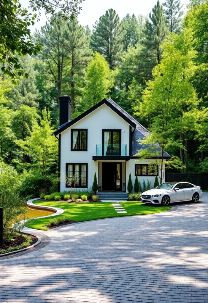 Dream house exterior with black and white contrast nestled in a forest.