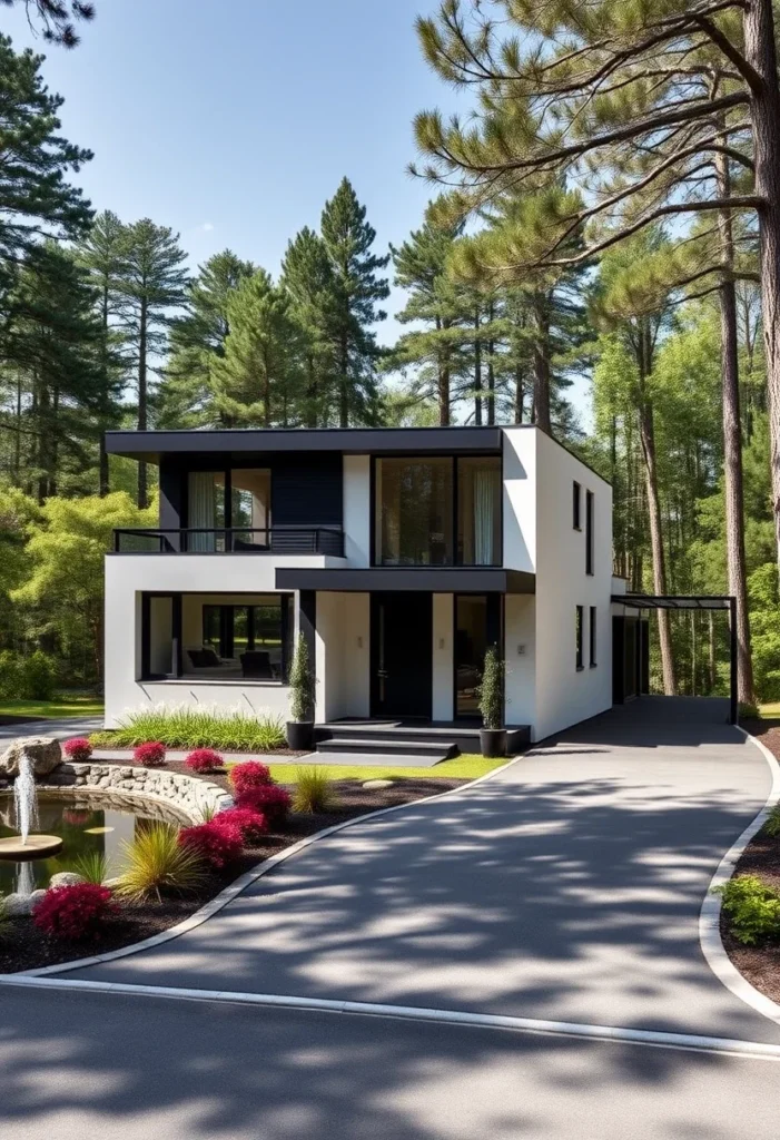 Modern dream house exterior with a pond, fountain, and geometric design.