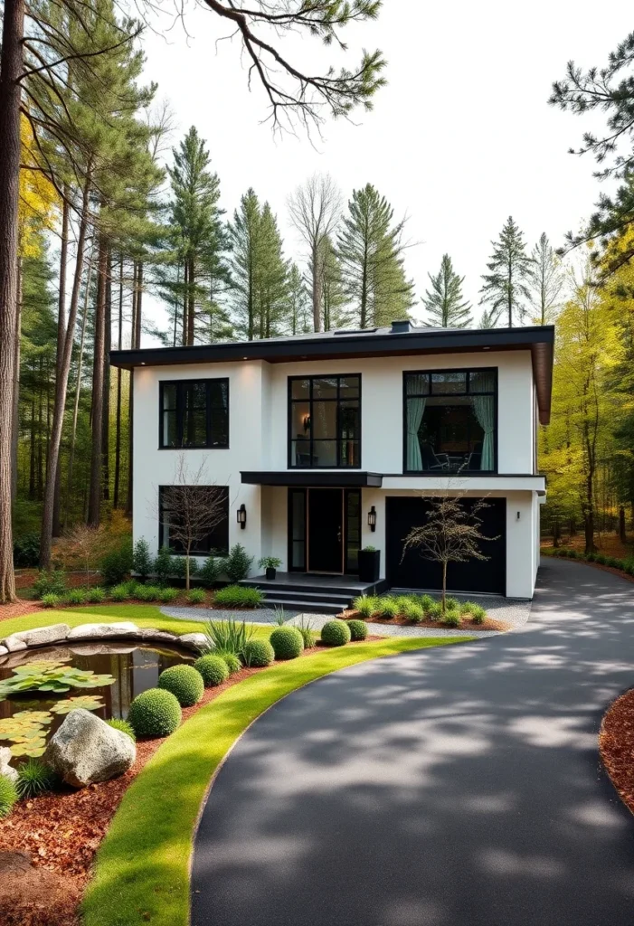 Modern dream house exterior with large windows and a tranquil pond.