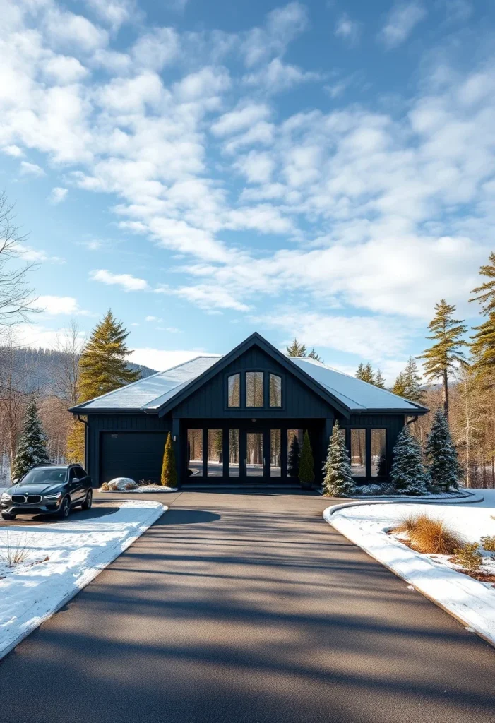 Dream house exterior with a dark, cabin-inspired design and snowy surroundings.