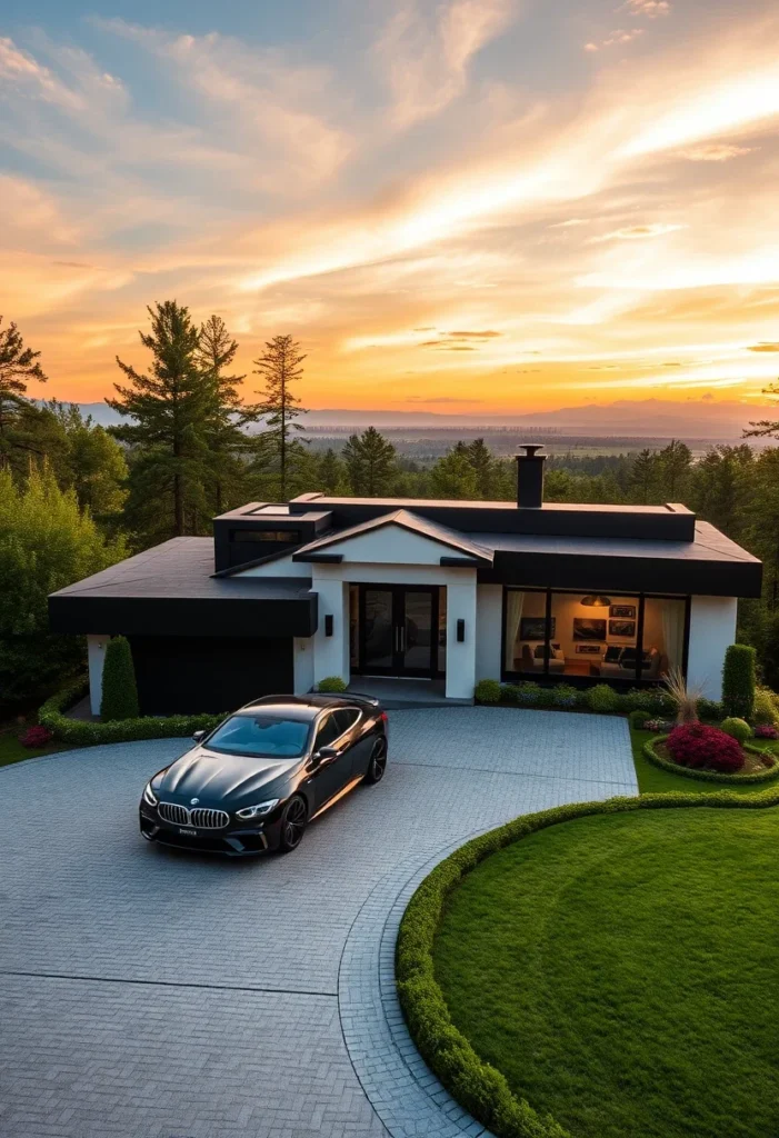 Modern dream house exterior with expansive windows and sunset views.