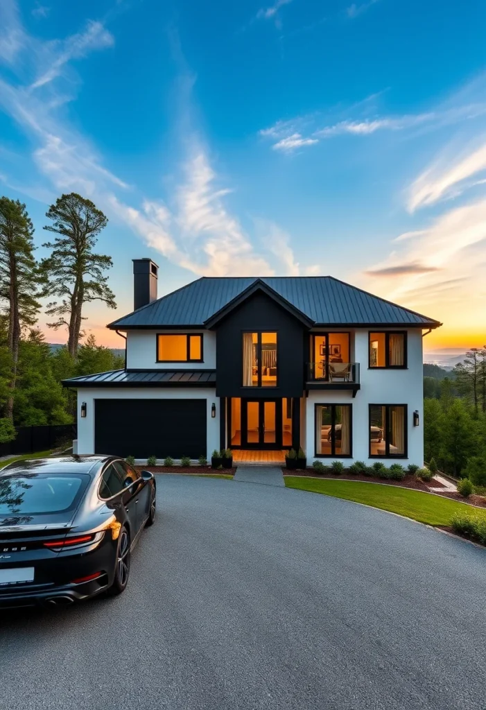 Modern dream house exterior with multi-level design and hillside views.