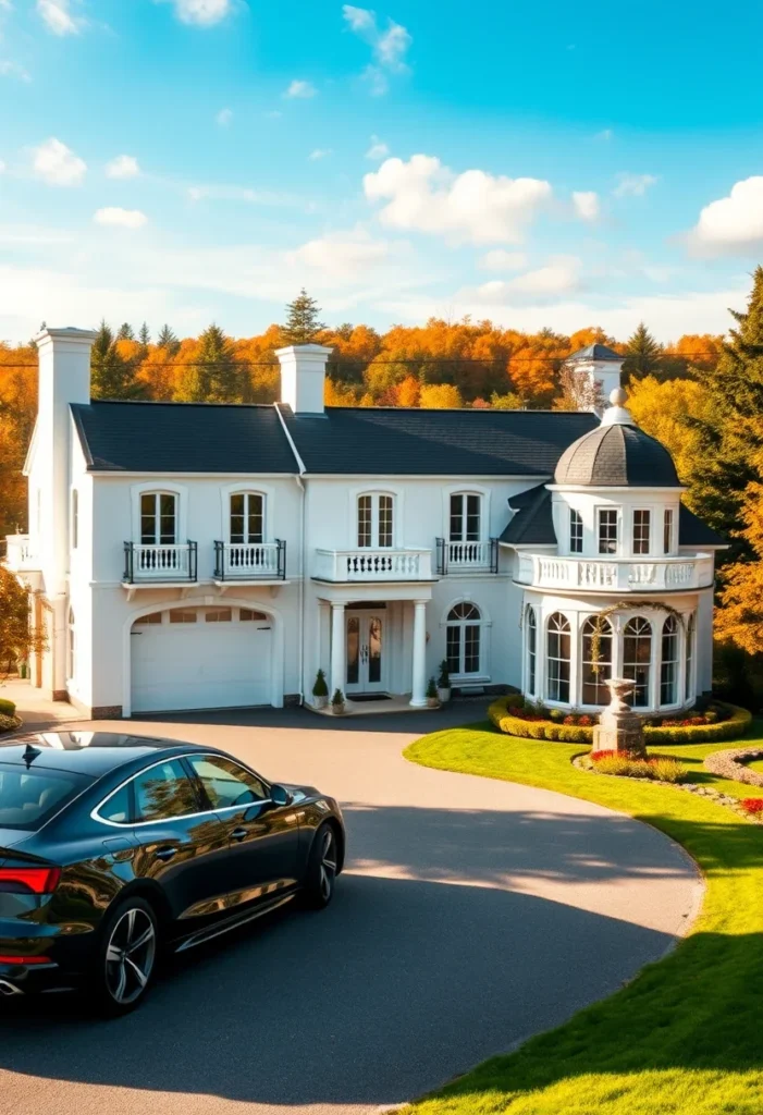 Dream house exterior with classical architecture surrounded by autumn foliage.