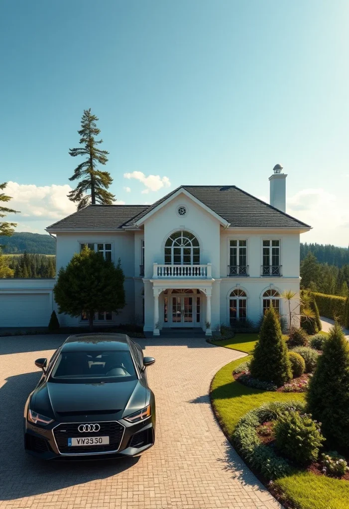 Dream house exterior with arched windows and a columned entrance.