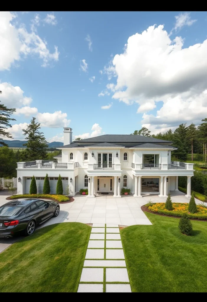 Large white dream house exterior with columns and symmetrical design.