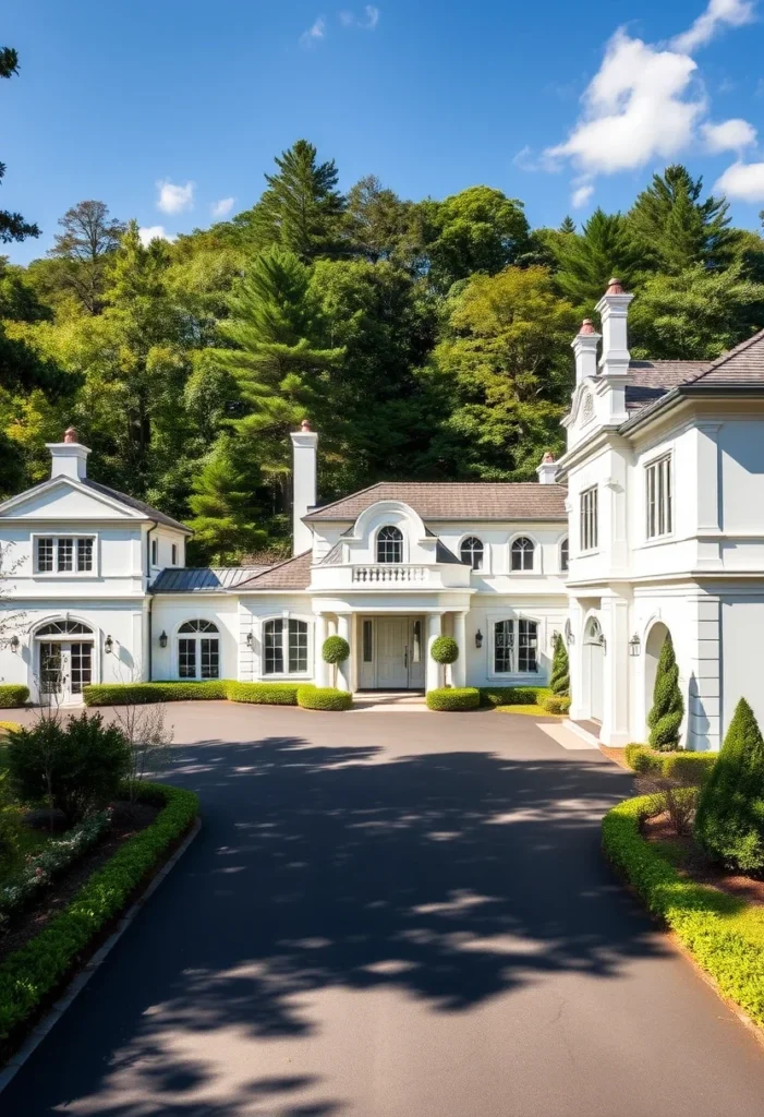 Expansive dream house exterior with classical details and manicured landscaping.