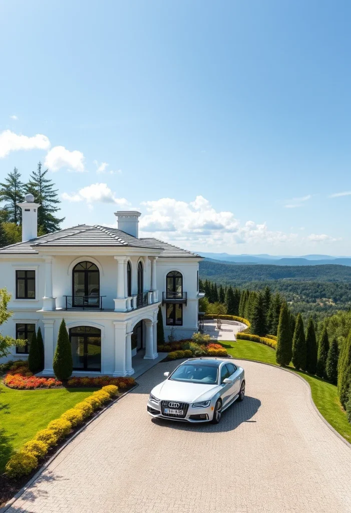 Dream house exterior with winding driveway and mountain views.