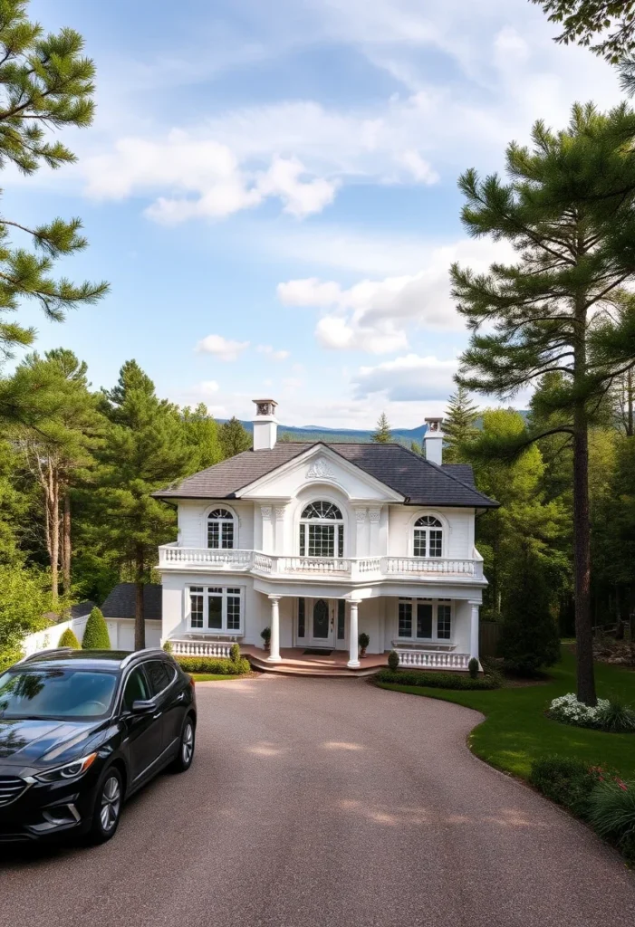 Dream house exterior nestled in a forest with a curved driveway.