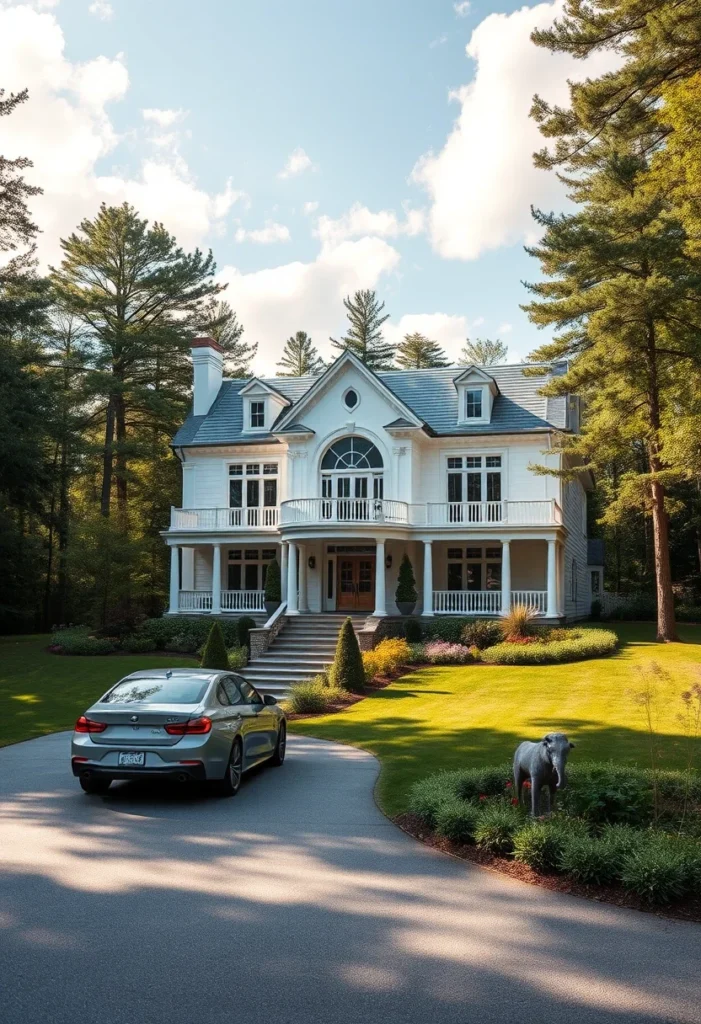 Dream house exterior with a large wrap-around porch and detailed railings.