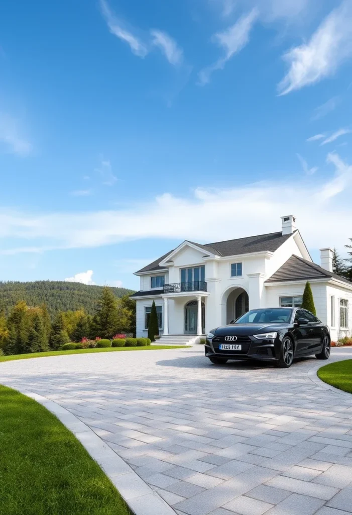 Modern dream house exterior with clean lines and large driveway.