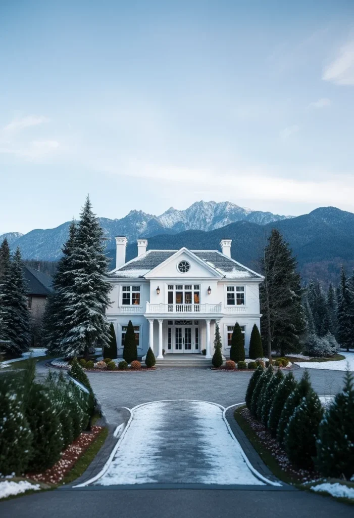 Dream house exterior with mountain backdrop and snowy landscape.