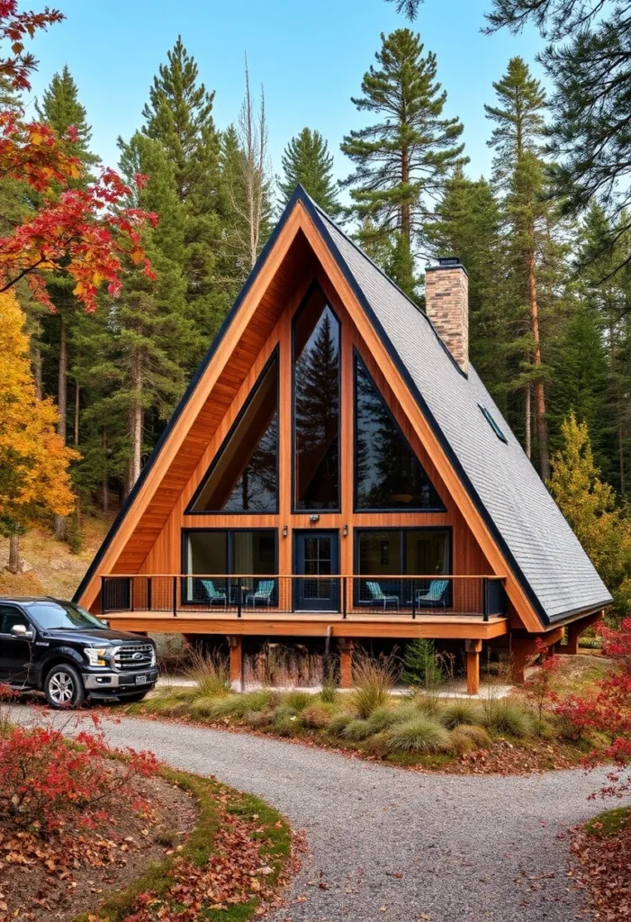 Dreamy A-frame cabin with large windows in a wooded setting.