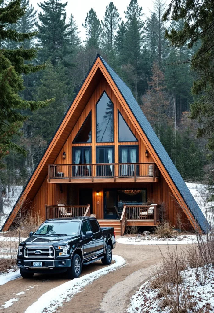 A-frame cabin with two balconies and snow.