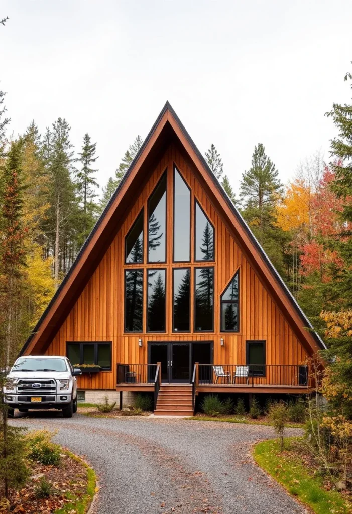 A-frame cabin with floor-to-ceiling windows.